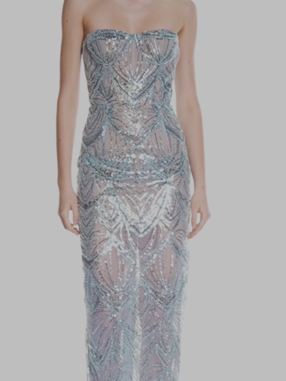 Bronx and Banco Silver and Pale Blue Strapless Beaded Gown